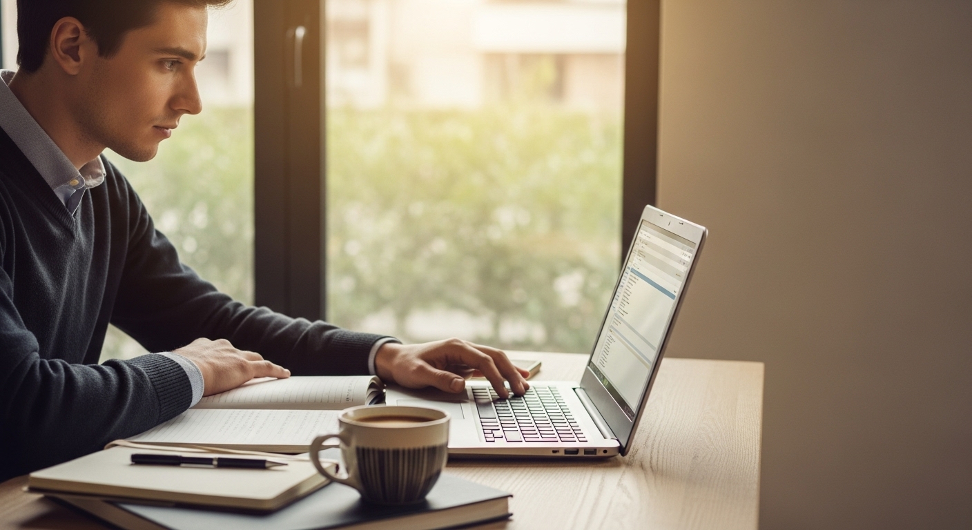Second income stream UK - entrepreneur working on laptop in home office